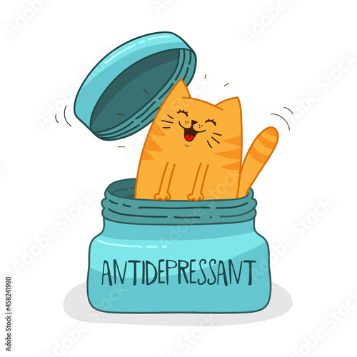 Cat in box, antidepressant pill, vector illustration