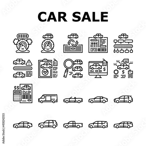 Used Car Sale Automobile Service Icons Set Vector. Used Car Import And Selling, Checking Vine Code And History Line. Cargo Van And Truck, Suv And Sedan Buying Online Black Contour Illustrations