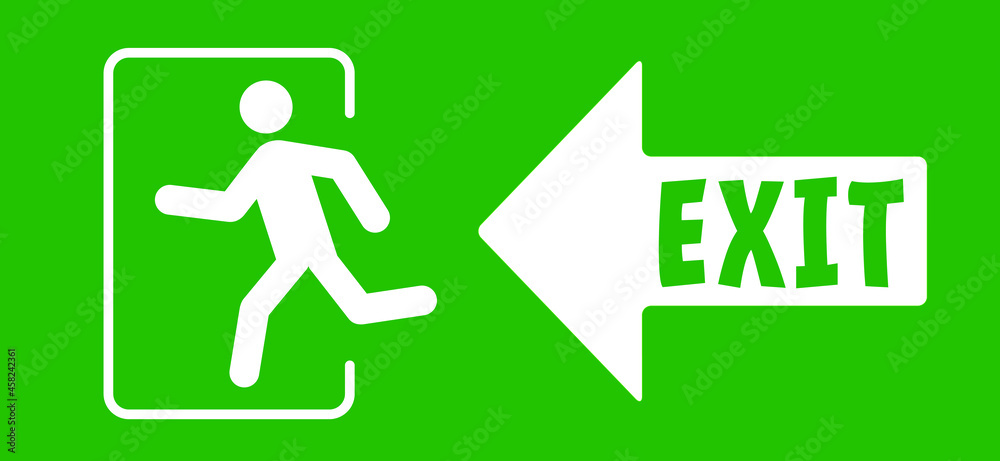 Arrow exit route. Sgnpost leave or enter. Emergency exit sign. Evacuation fire escape door. Flat vector green icon or pictogram. Symbol of fire exigency.
Arrow exit route. Sgnpost leave or enter. Emergency exit sign. Evacuation fire escape door. Flat vector green icon or pictogram. Symbol of fire exigency.