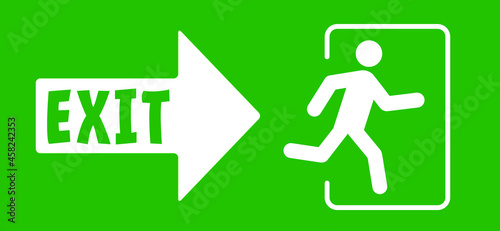 Arrow exit route. Sgnpost leave or enter. Emergency exit sign. Evacuation fire escape door. Flat vector green icon or pictogram. Symbol of fire exigency.
