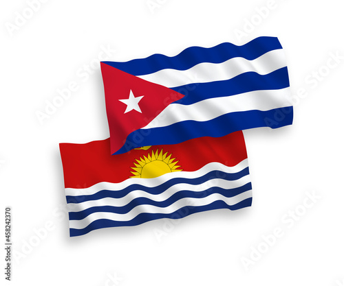 National vector fabric wave flags of Republic of Kiribati and Cuba isolated on white background. 1 to 2 proportion.