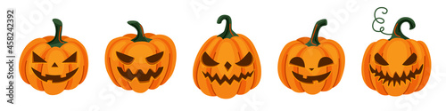 Halloween pumpkin set with scared, horror and smile face, vector illustration. Cartoon gourd with emotion in modern flat style isolated on white background. Autumn creepy decoration