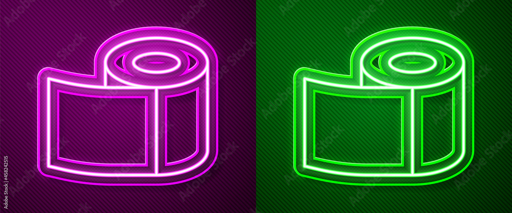 Glowing neon line Toilet paper roll icon isolated on purple and green background. Vector Glowing neon line Toilet paper roll icon isolated on purple and green background. Vector