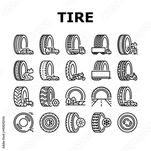 Used Tire Sale Shop Business Icons Set Vector. Winter And Summer Seasonal Used Tire For Truck And Car, Farm Tractor And Motorcycle Line. Reusing Automobile Wheel Black Contour Illustrations