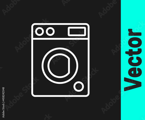 White line Washer icon isolated on black background. Washing machine icon. Clothes washer - laundry machine. Home appliance symbol. Vector