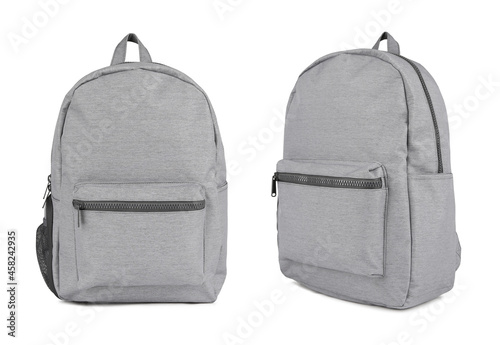 Grey backpack. Front and side views