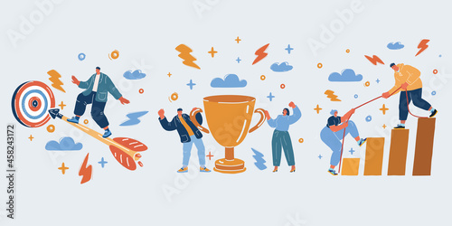 Vector illustration of success people. Man fly on arrow to garget. Team with thropy gold cup, man help woman reach next level.