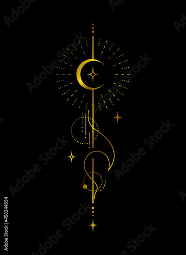 spiritual golden sign with selestial elements and sea wave