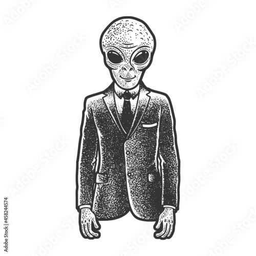 Alien businessman sketch engraving vector illustration. T-shirt apparel print design. Scratch board imitation. Black and white hand drawn image.