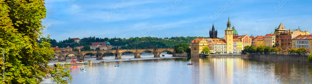 View of Charles Bridge and panoramic of Prague , Czech Republic. popular tourist attraction. Travel and sights of city breaks. landmarks, travel guide and postcard. Prague banner