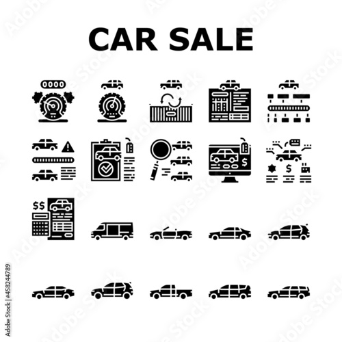 Used Car Sale Automobile Service Icons Set Vector. Used Car Import And Selling, Checking Vine Code And History Line. Cargo Van And Truck, Suv Sedan Buying Online Glyph Pictograms Black Illustrations