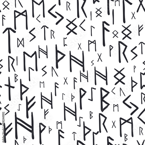 Runes seamless ethnic pattern. Runic alphabet, Futhark. Ancient norse occult symbols, black vikings letters on white, rune font. Design for fabric, wallpaper, scrapbook, wrapping. Vector illustration