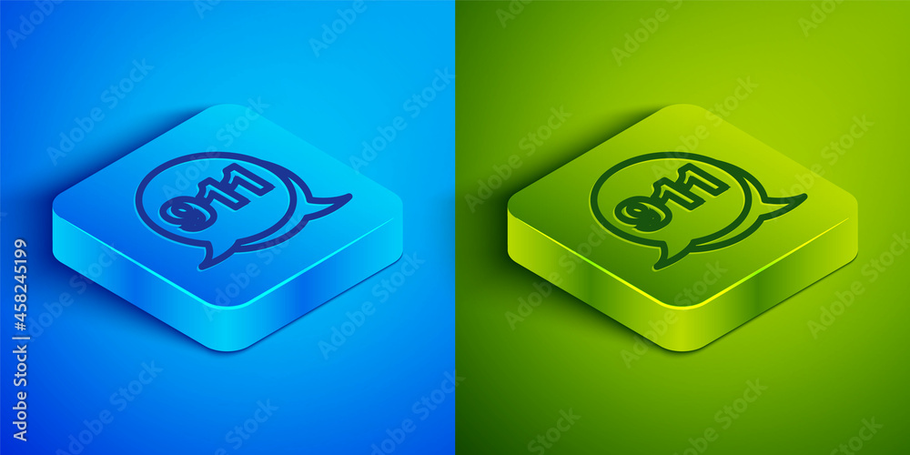 Isometric line Telephone with emergency call 911 icon isolated on blue and green background. Police, ambulance, fire department, call, phone. Square button. Vector Isometric line Telephone with emergency call 911 icon isolated on blue and green background. Police, ambulance, fire department, call, phone. Square button. Vector