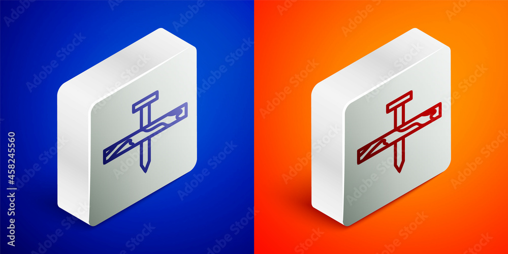 Isometric line Metallic nail and wood plank icon isolated on blue and orange background. Silver square button. Vector Isometric line Metallic nail and wood plank icon isolated on blue and orange background. Silver square button. Vector