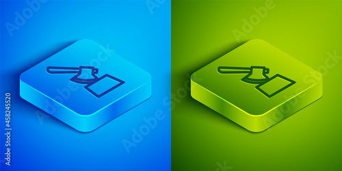 Isometric line Wooden axe in stump icon isolated on blue and green background. Lumberjack axe. Axe stuck in wood. Chopping wood. Square button. Vector