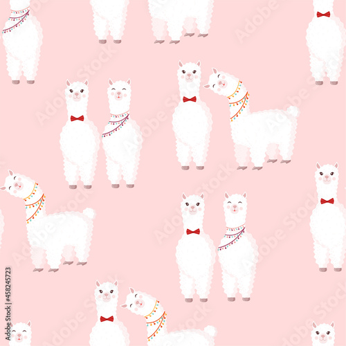 Seamless pattern with llamas in love on a pink background. Vector illustration suitable for baby texture, textile, fabric, poster, Valentines day greeting card, decor. Cute alpaca from Peru.