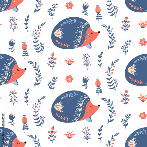 Scandinavian hedgehog seamless pattern folk forest animal background