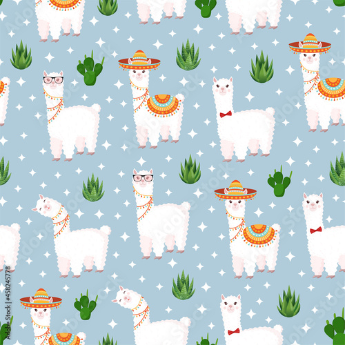 Seamless pattern with funny llamas in sombrero and glasses, with stars, scarlet with cacti on a blue background. Vector illustration for baby texture, fabric, poster, postcard. Alpaca from Peru.