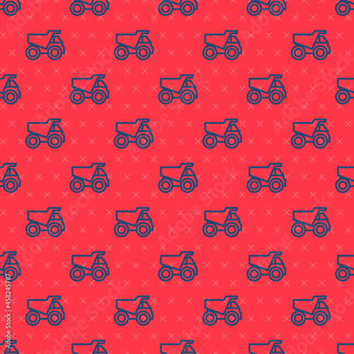 Blue line Mining dump truck icon isolated seamless pattern on red background. Vector