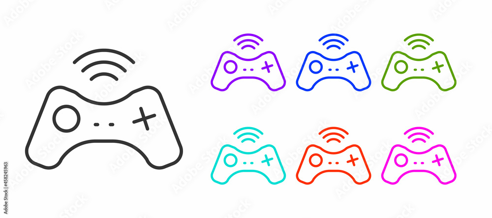 Black line Wireless gamepad icon isolated on white background. Game controller. Set icons colorful. Vector Black line Wireless gamepad icon isolated on white background. Game controller. Set icons colorful. Vector