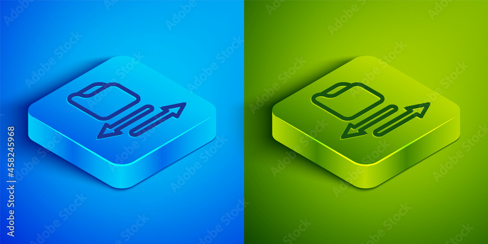 Isometric line Transfer files icon isolated on blue and green background. Copy files, data exchange, backup, PC migration, file sharing concepts. Square button. Vector Isometric line Transfer files icon isolated on blue and green background. Copy files, data exchange, backup, PC migration, file sharing concepts. Square button. Vector