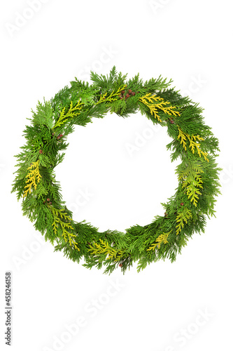Cedar cypress leaf evergreen wreath on white background. Eco friendly green concept for Winter solstice, Christmas and New Year.