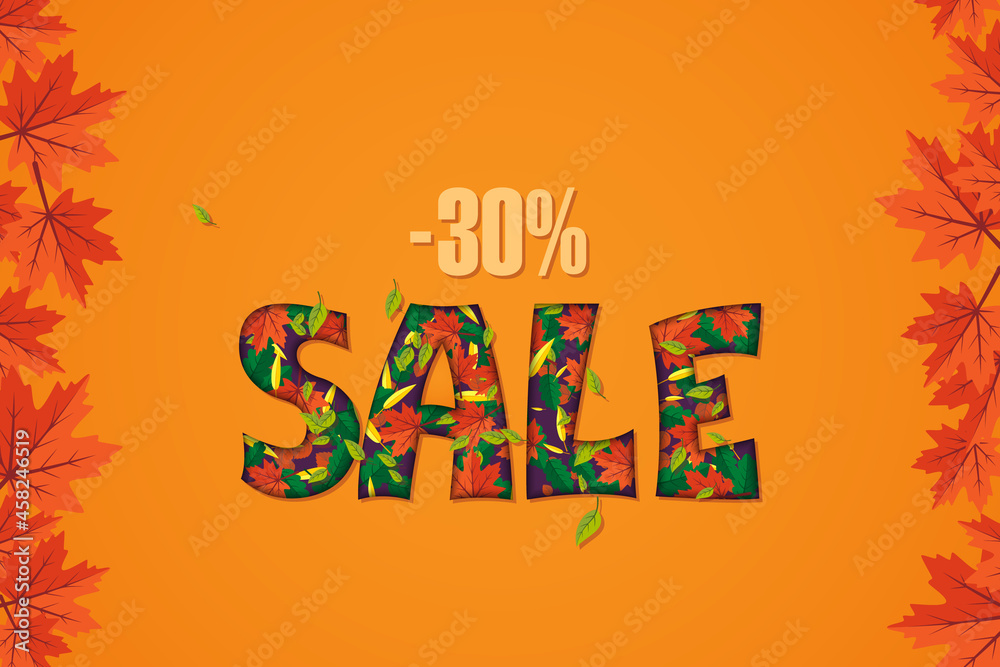 Autumn sale banner with leaves and 30% discount. Vector illustration, flat, papercut Autumn sale banner with leaves and 30% discount. Vector illustration, flat, papercut