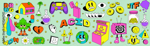 Large pack of acidic abstract characters and objects. In a cartoon style, a set of bright psychedelics, all elements are isolated photo