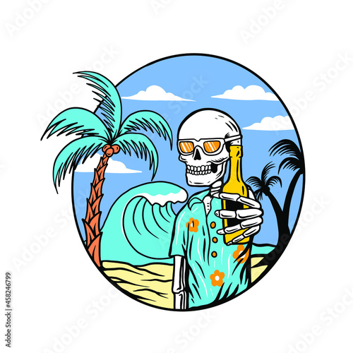 Skull summer beach with drink beer