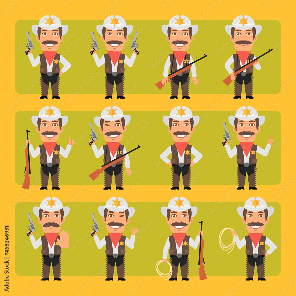 Elderly sheriff with mustache in different poses and emotions Pack 2. Big character set