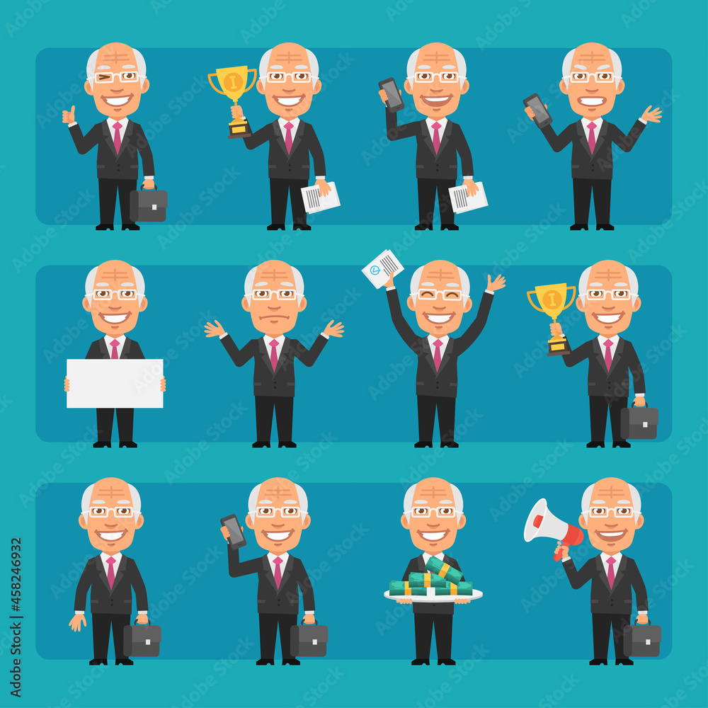 Elderly businessman in different poses and emotions Pack 1. Big character set