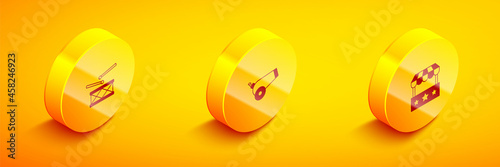 Set Isometric Drum with drum sticks, Cannon and Ticket box office icon. Vector