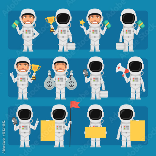 Male astronaut in spacesuit in different poses and emotions Pack 1. Big character set