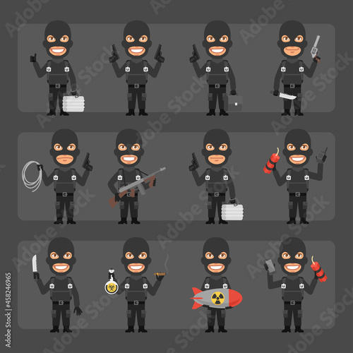 Terrorist saboteur in different poses and emotions Pack 2. Big character set