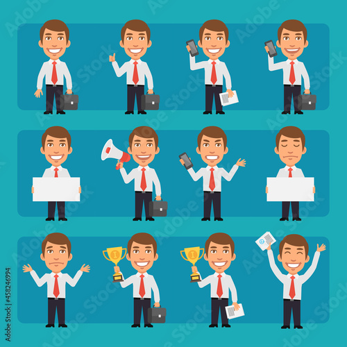 Young businessman in different poses and emotions Pack 4. Big character set