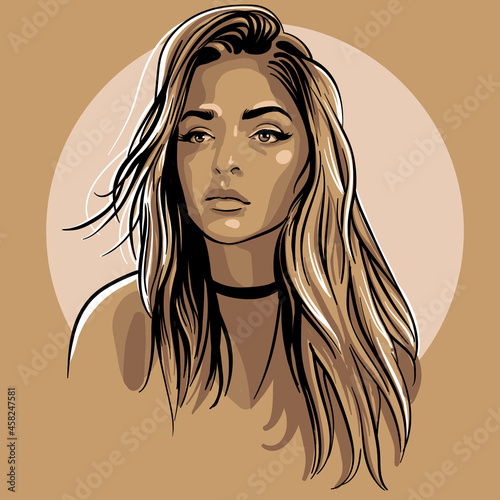 Beautiful girl portrait. Cartoon style. Digital sketch hand drawing vector. Illustration.