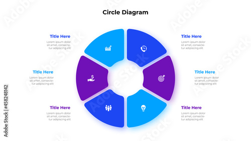 Circle diagram divided into 6 segments. Concept of six options of business project management. Vector illustration for data analysis visualization