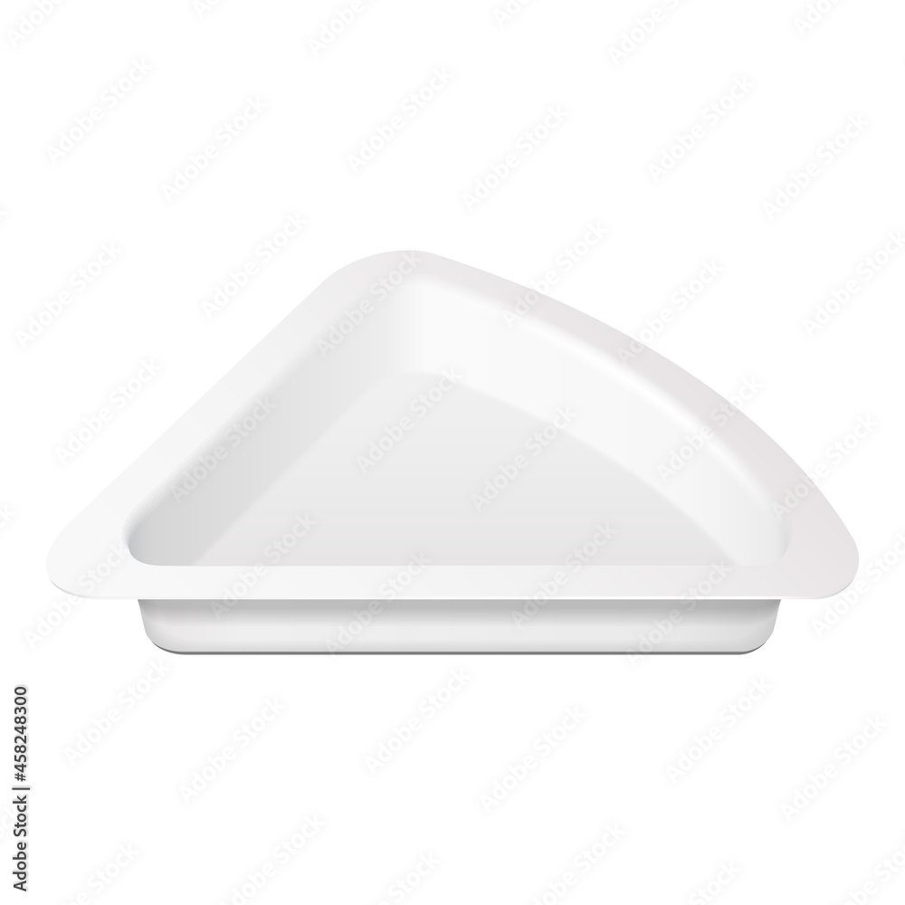 Mockup Triangle Empty Blank Cheese, Curd Plastic Food Tray Container Box Opened, Cover. Illustration Isolated On White Background. Mock Up Template Ready For Your Design. Vector EPS10 Mockup Triangle Empty Blank Cheese, Curd Plastic Food Tray Container Box Opened, Cover. Illustration Isolated On White Background. Mock Up Template Ready For Your Design. Vector EPS10