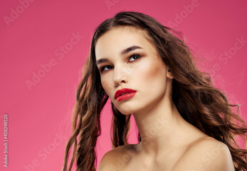 brunette attractive look luxury pink background