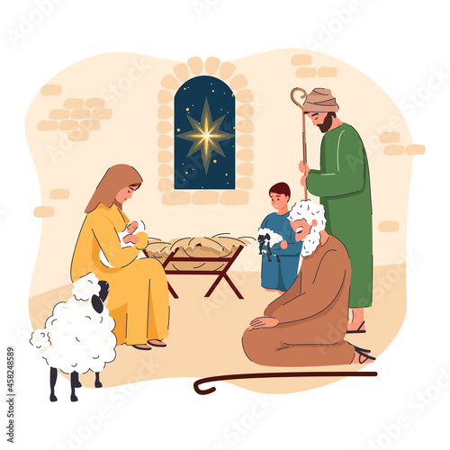 The birth of Jesus Christ biblical vector illustration series, nativity scene of The Holy Family in stable with shepherds. Christmas theme. Shepherds came to worship Jesus. Bethlehem Star. Holy night