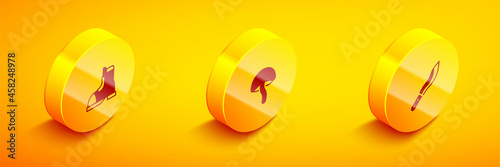 Set Isometric Hunter boots, Mushroom and Machete icon. Vector