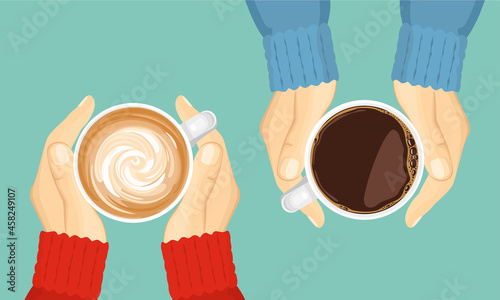 Two friends are drinking coffee. Hands hold cup of cappuccino or hot tea. Top view. Vector illustration in cartoon flat style.