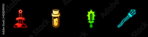 Set Sword in the stone, Bottle with potion, Magic sword fire and staff icon. Vector