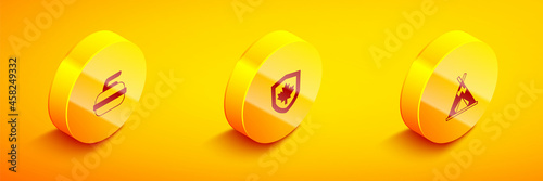 Set Isometric Stone for curling, Canada flag shield and Indian teepee wigwam icon. Vector