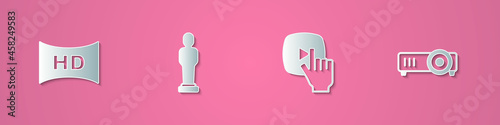 Set paper cut Hd movie, tape, frame, Movie trophy, Online play video and Movie, film, media projector icon. Paper art style. Vector