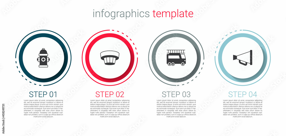 Set Fire hydrant, Smoke alarm system, truck and Megaphone. Business infographic template. Vector Set Fire hydrant, Smoke alarm system, truck and Megaphone. Business infographic template. Vector