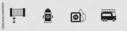 Set Fire hose reel, hydrant, Electric wiring of socket in fire and truck icon. Vector