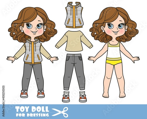 Cartoon girl with lush curly chestnut hairstyle dressed and clothes separately -  insulated vest, long sleeve T-shirt, jeans and sneakers doll for dressing