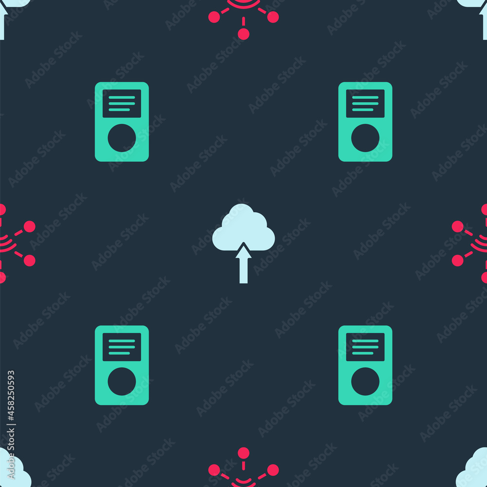 Set Network, Cloud upload and Music player on seamless pattern. Vector Set Network, Cloud upload and Music player on seamless pattern. Vector
