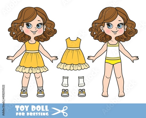 Cartoon girl with lush curly chestnut hairstyle dressed and clothes separately - peach dress and sneakers doll for dressing